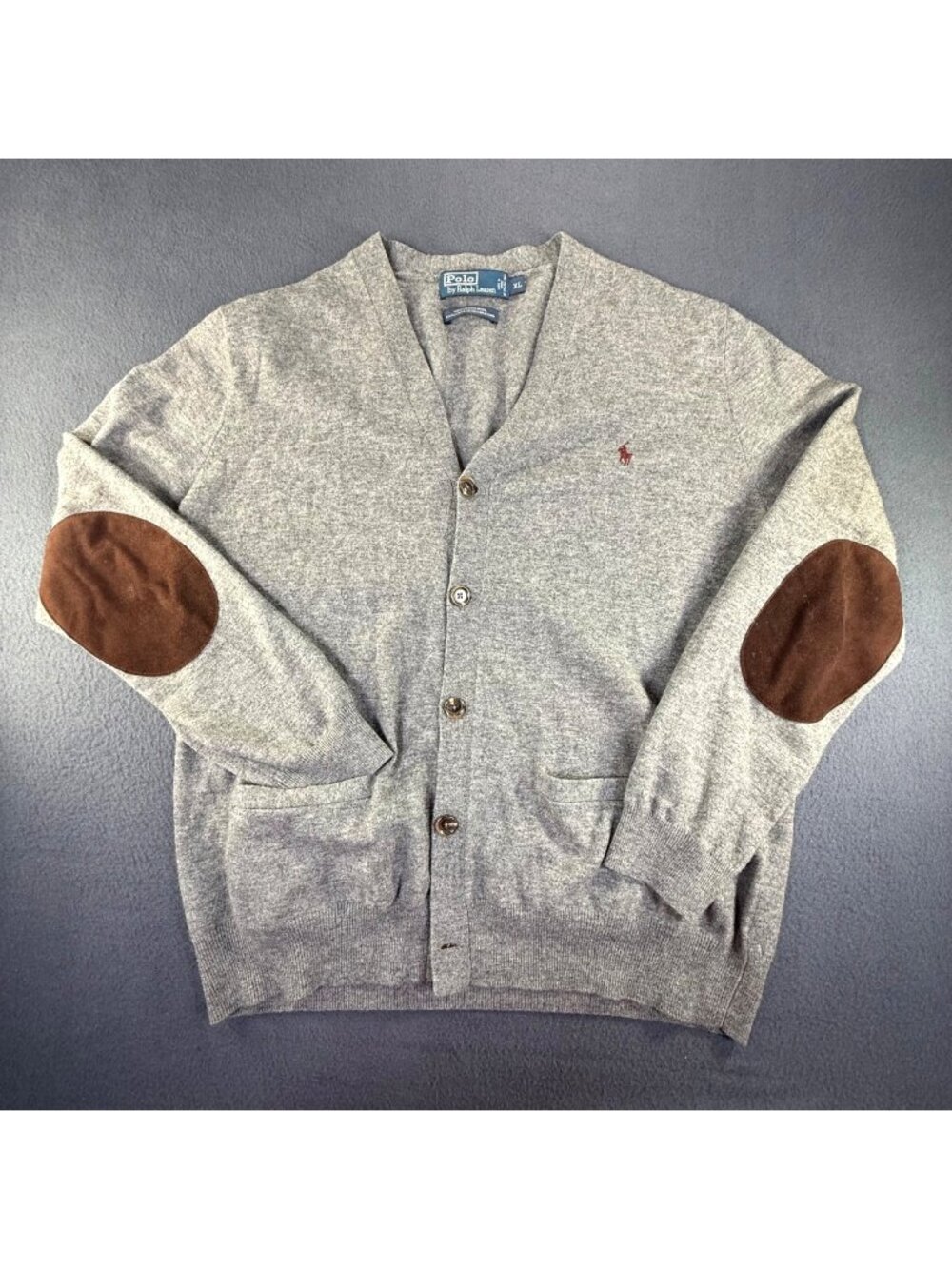 VTG Polo Ralph Lauren Gray Cardigan Merino Wool/Leather Elbow Mens X-Large